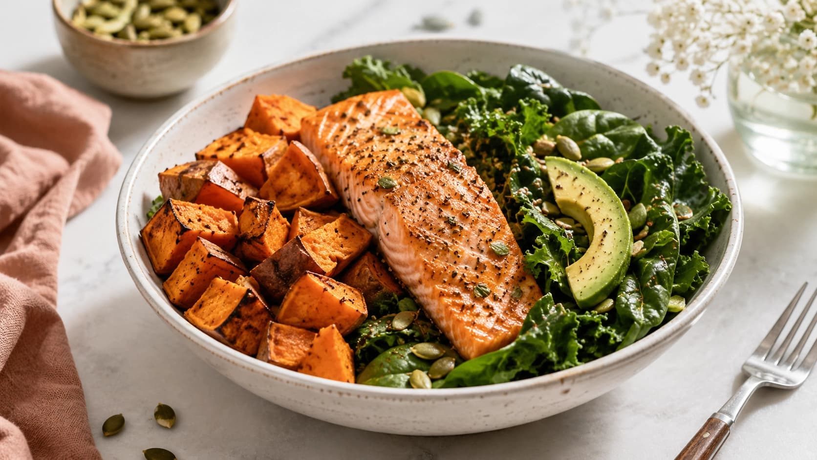 A bowl of roasted sweet potato, salmon, and leafy greens representing what to eat during the luteal phase