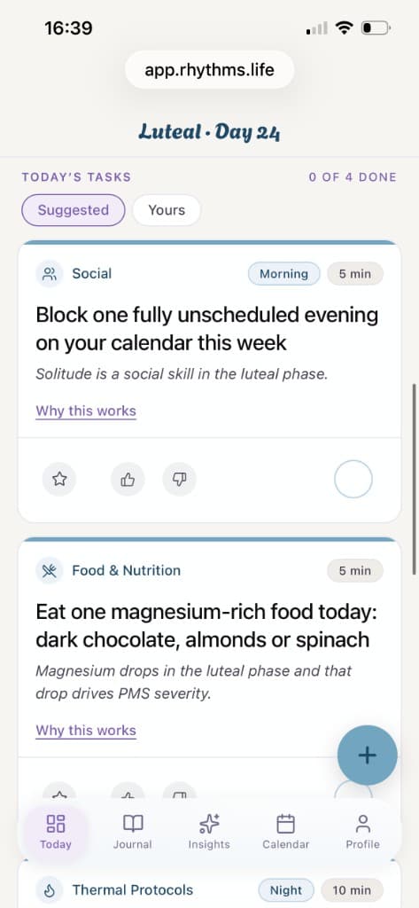 Rhythms app task list before a suggested task is completed