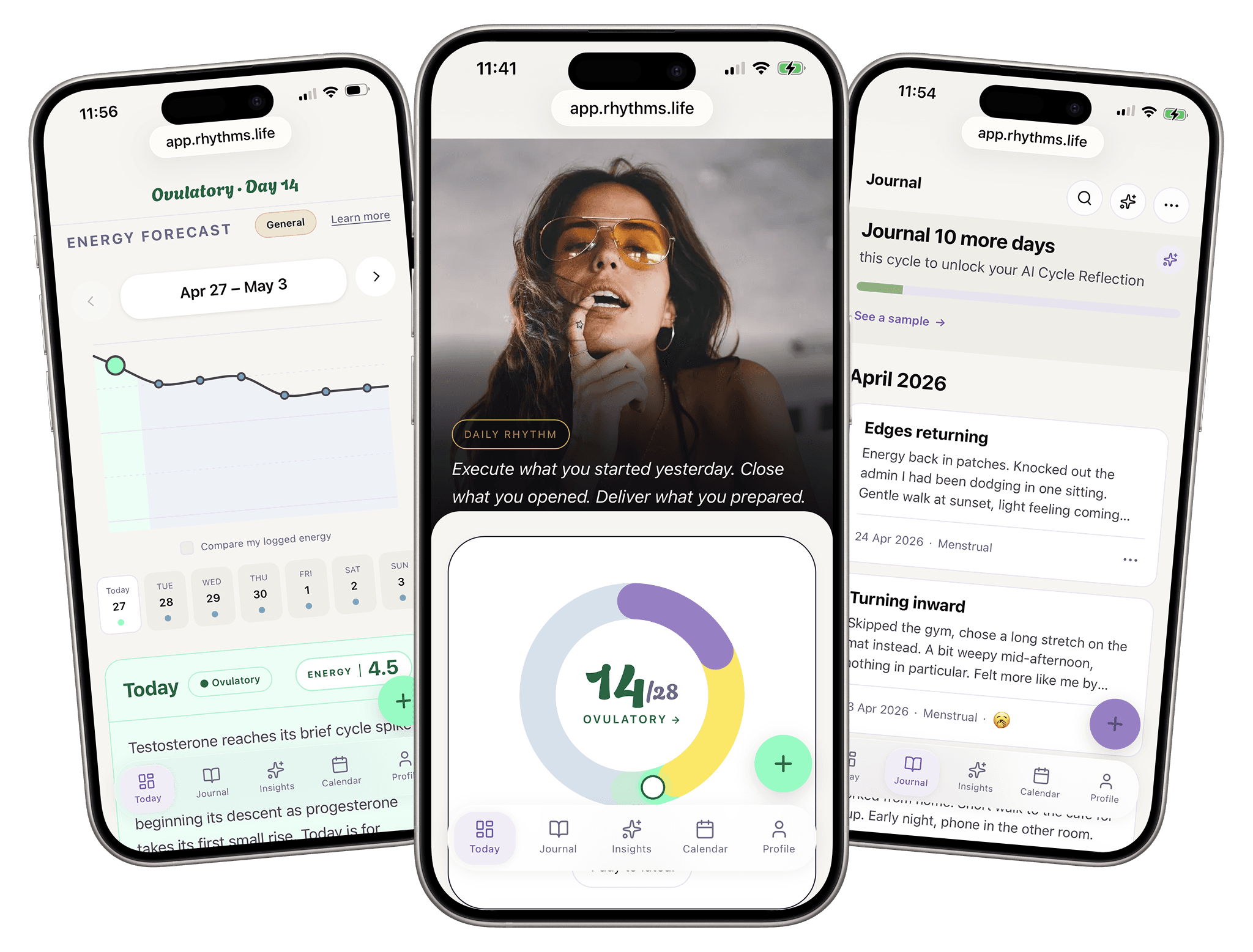 Rhythms app shown on three phone screens