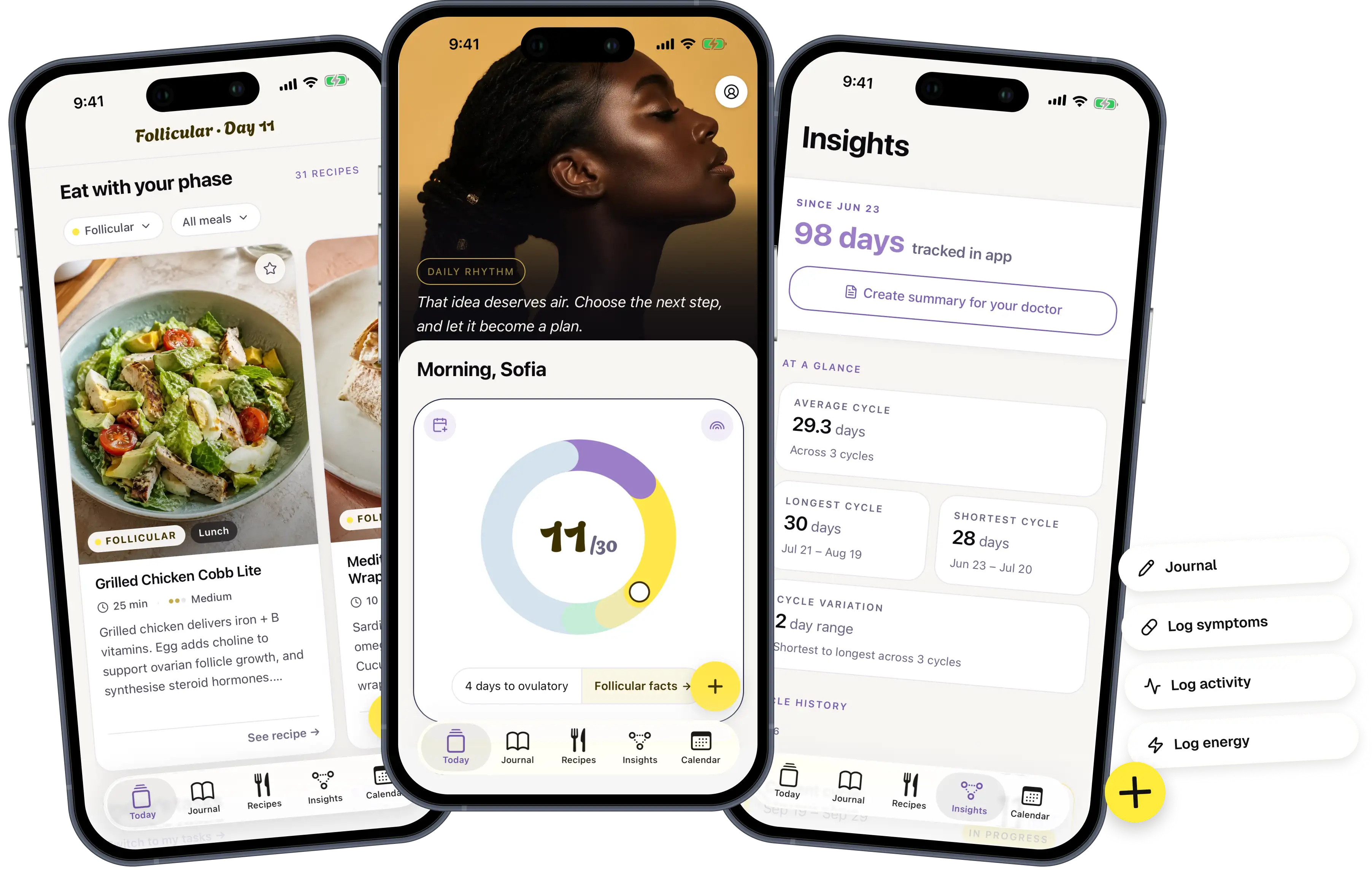 Rhythms app shown on three phone screens
